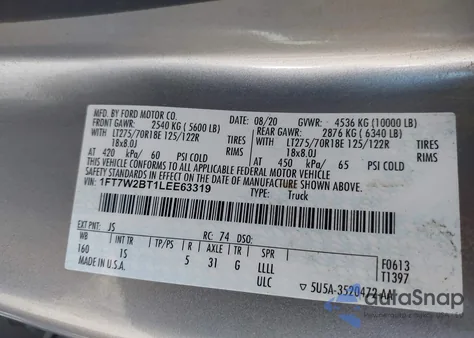 2020 Ford F250 Super Duty from USA, damaged, VIN 1FT7W2BT1LEE63319